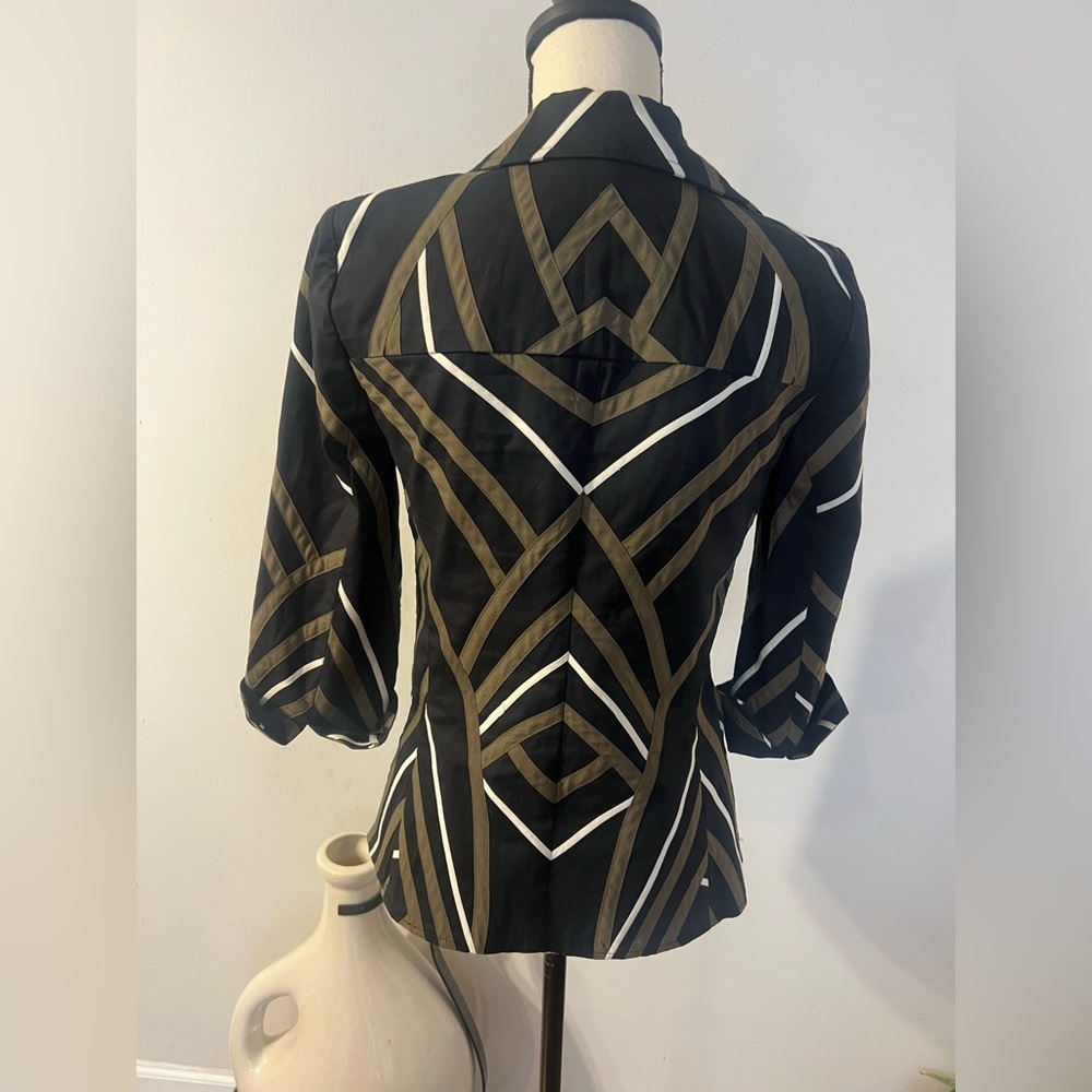 Black Button-Down Top with Olive and White Geometric Stripes - Picture 9 of 9